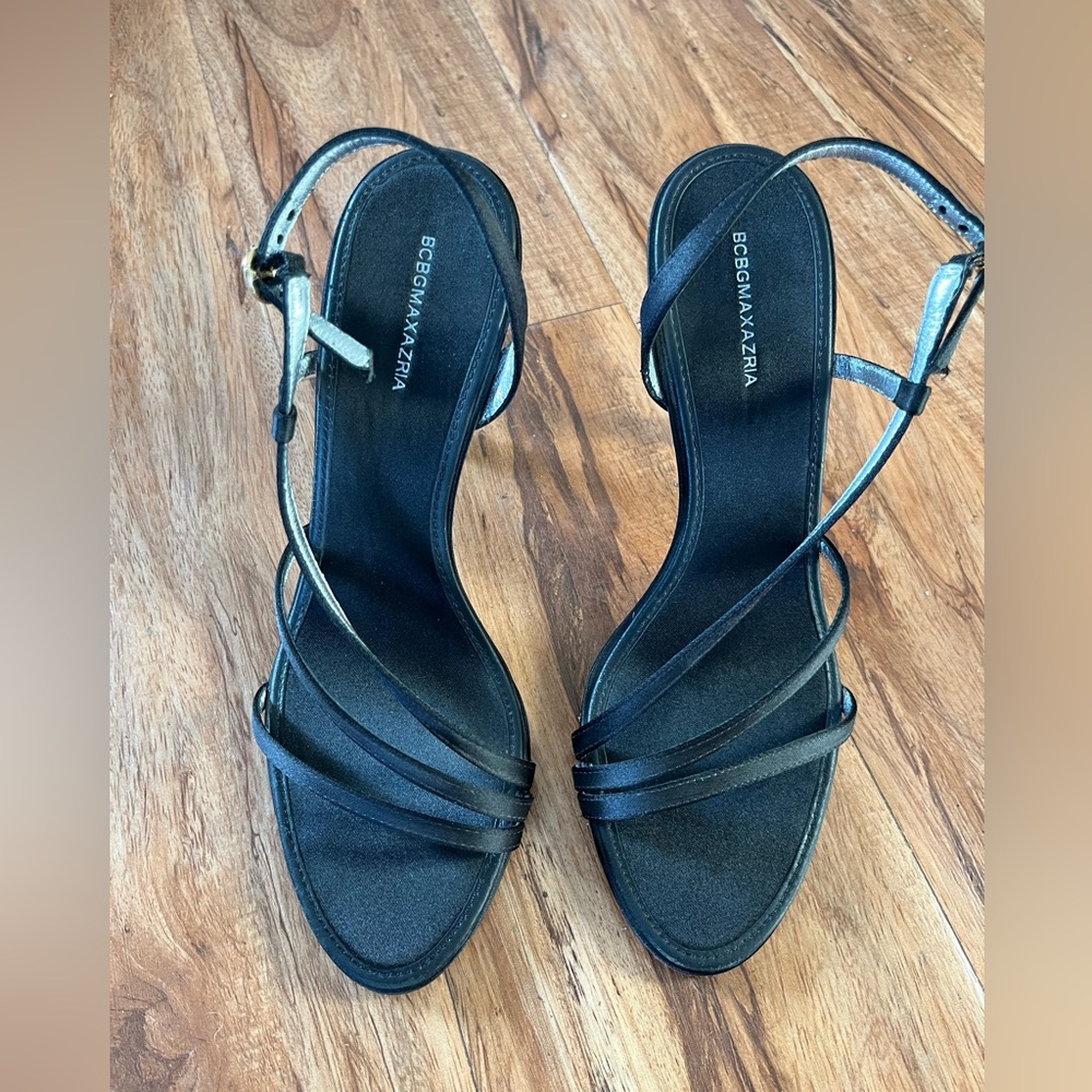 BCBG Black Strappy Satin Heels